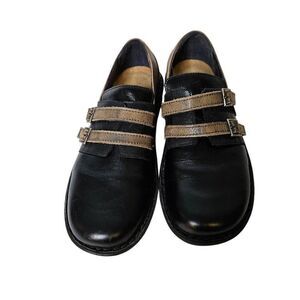 Naot Celesta black leather slip on shoes with brown straps. 40.